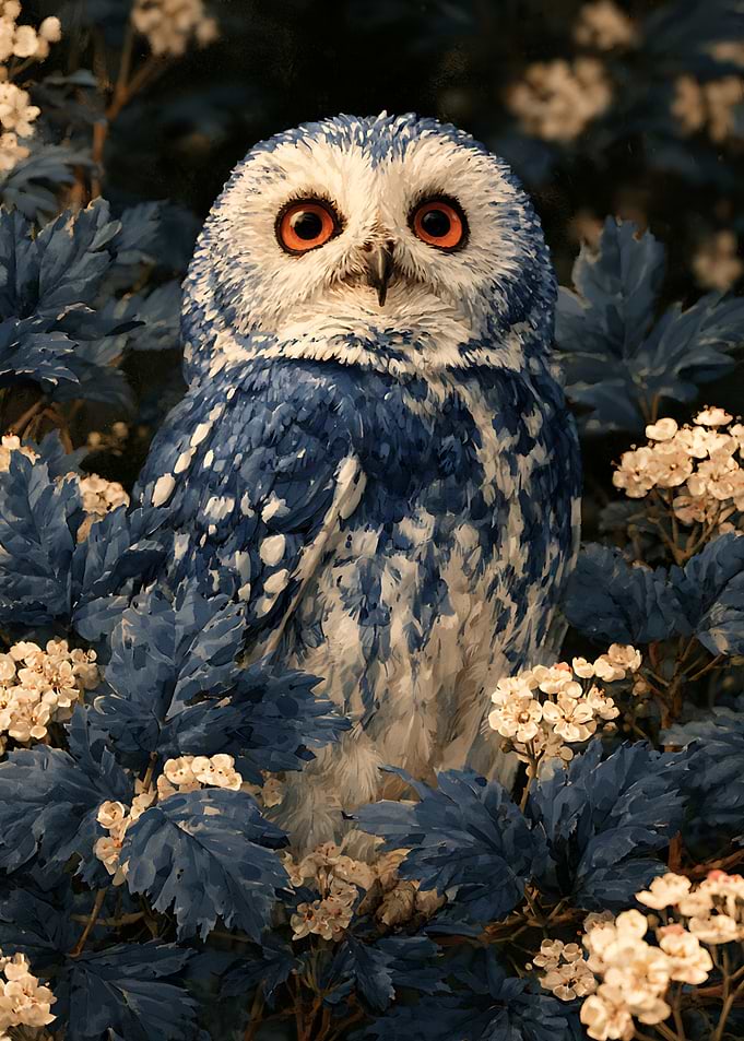 Blue Owl in Flowering Bush
