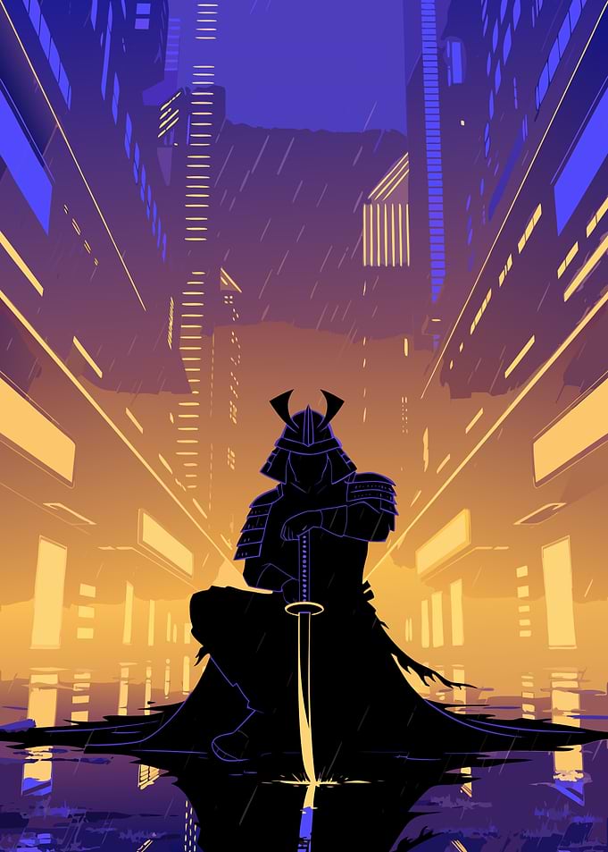 Cyberpunk Samurai Kneeling in Rain