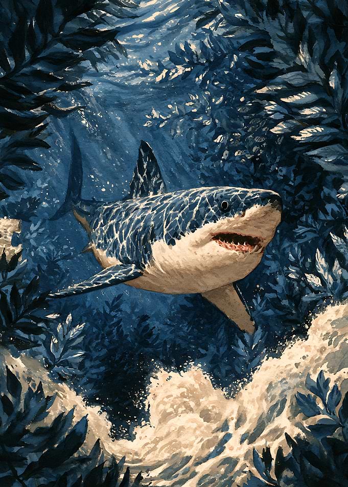 Great White Shark in Kelp Forest