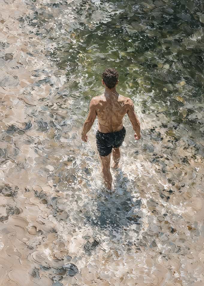 Man Wading Into Clear Green Coastal Water