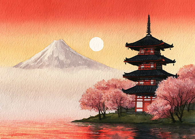 Mount Fuji and Pagoda at Sunset