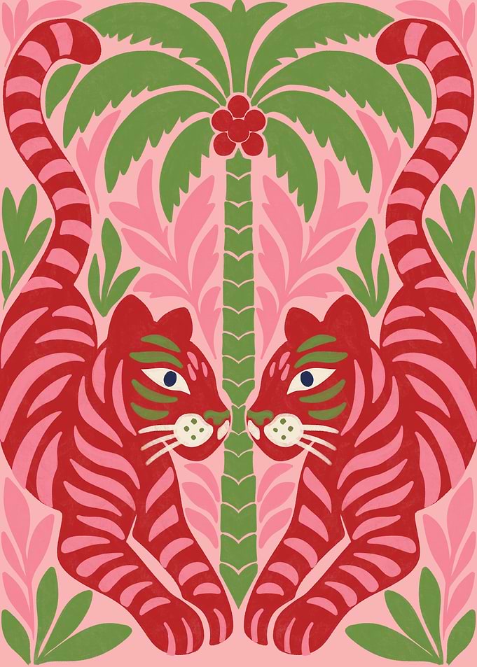 Tropical Tiger Fantasy - Symmetrical Tigers and Palm Tree Art