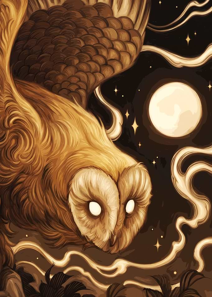 Mystical Golden Owl in Moonlight