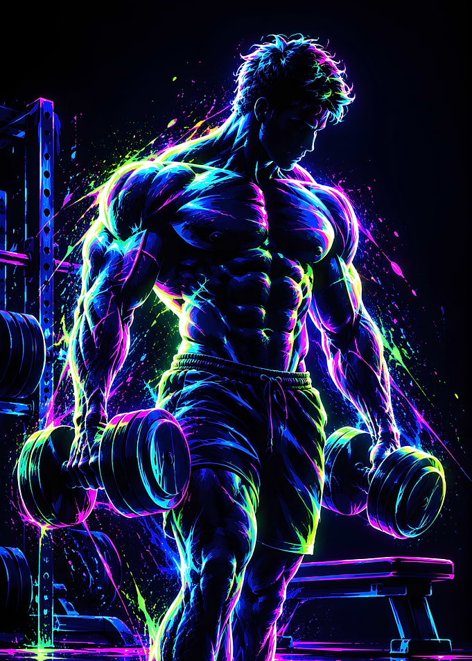Neon Bodybuilder Lifting Dumbbells Gym Motivation