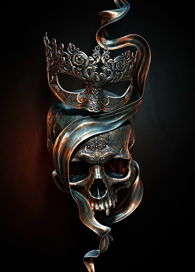 Ornate Silver Skull with Masquerade Mask
