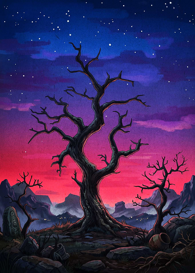 Dead Tree Night Sky Watercolor Art