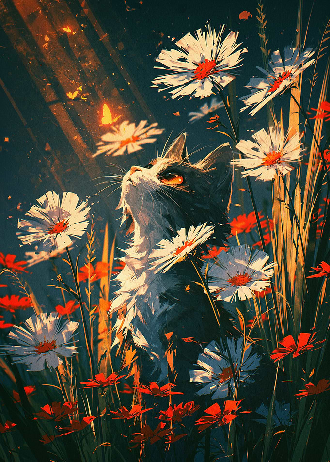 Cat Daisy Flowers Magical Art