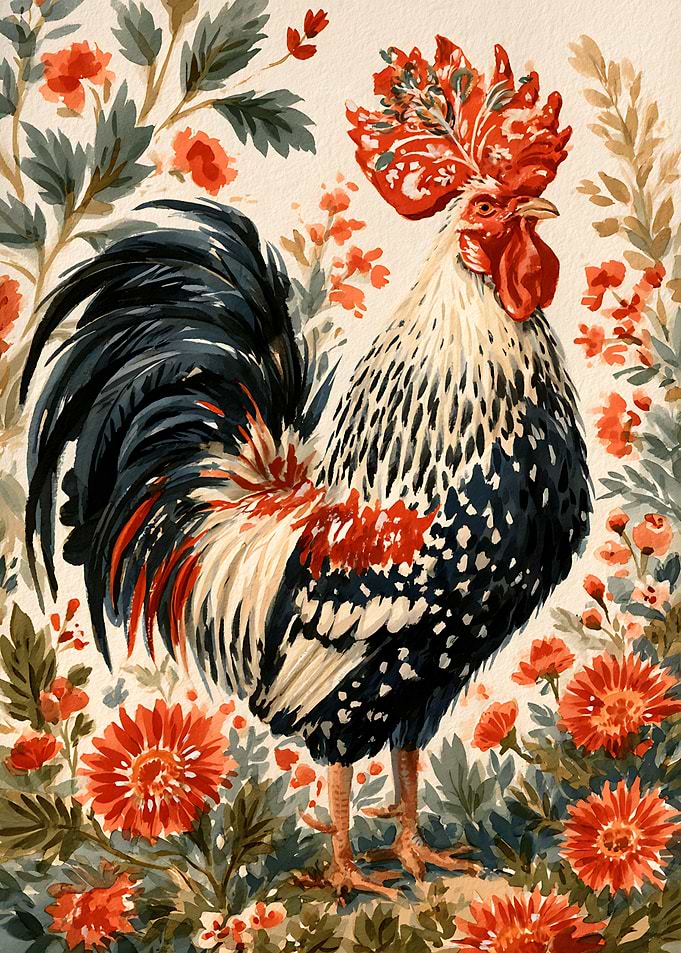 Rooster Amidst Vibrant Floral Garden