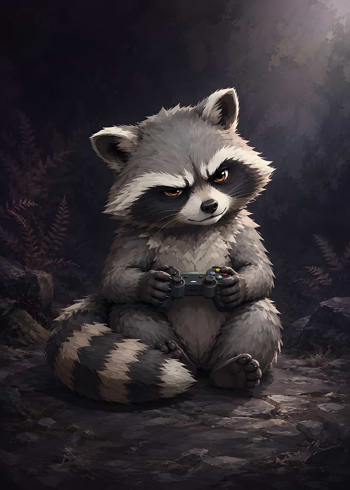 Cute Raccoon Playing Video Games