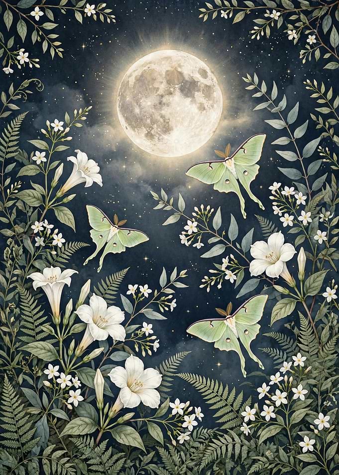 Luna Moths and Moonlit Flowers