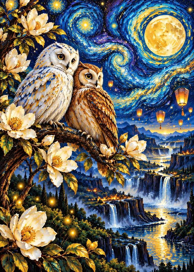 Owls Perched Under Starry Night Sky