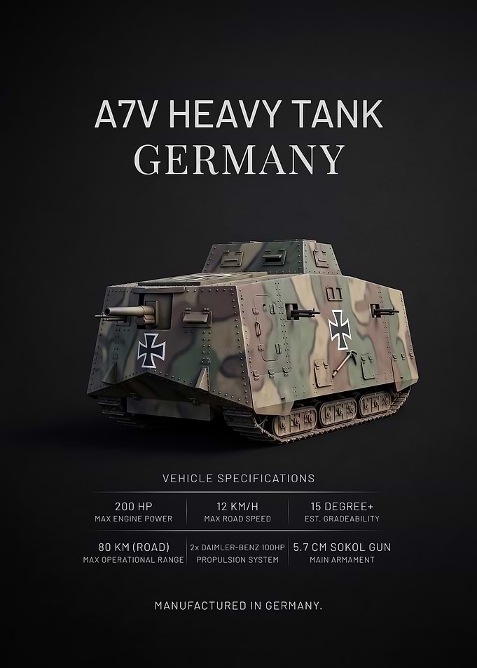 black background minimalism A7V Heavy Tank Germany Infographic