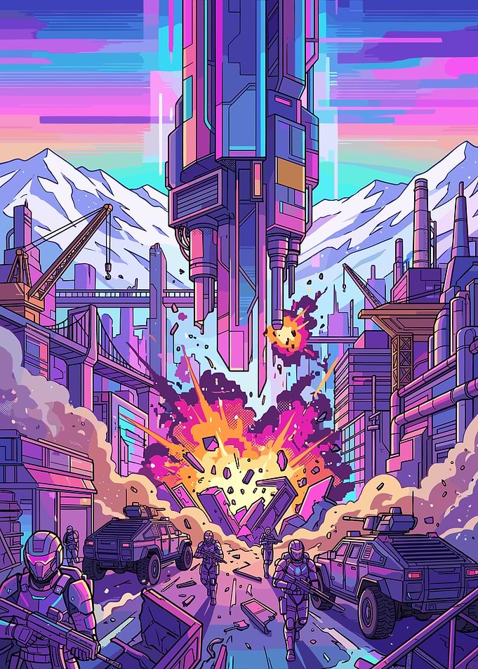 Futuristic Cyberpunk Military Battle Scene