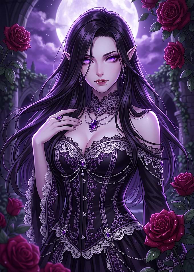 Elegant Vampire Queen in Rose Garden