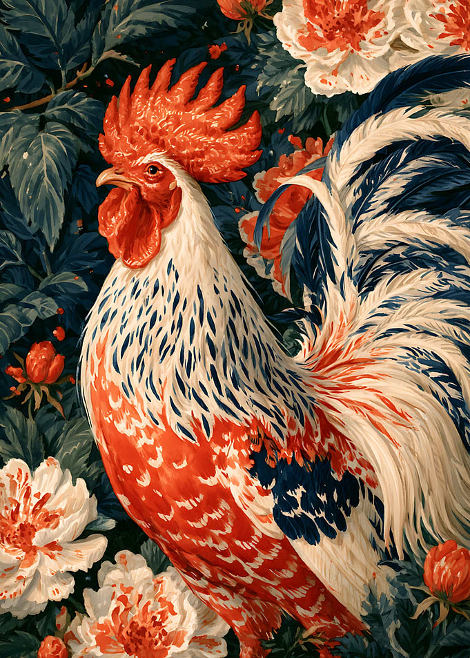 Majestic Rooster Among Floral Blooms