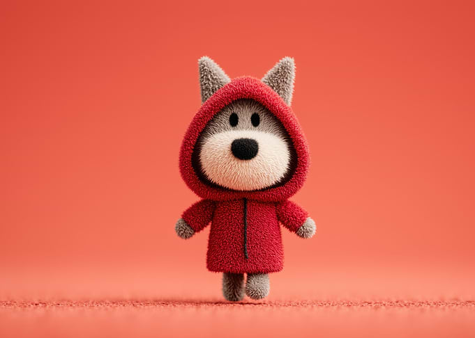 Cute Fuzzy Wolf in Red Hoodie