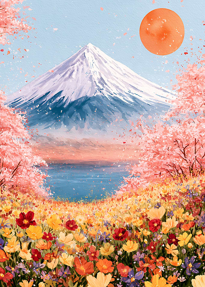 Mount Fuji and Cherry Blossom Field