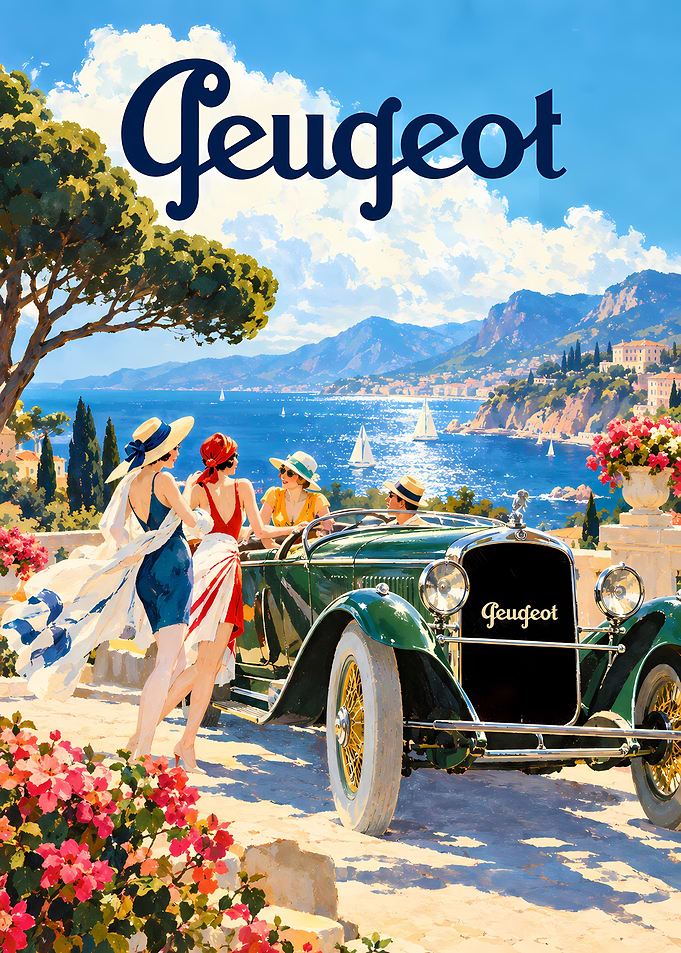 Vintage Peugeot French Riviera Travel Poster
