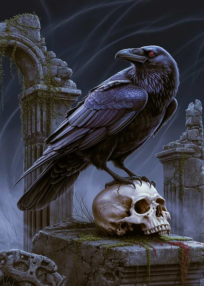 Dark Gothic Raven Perched on a Skull Among Ancient Ruins