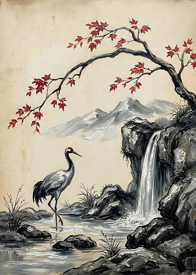 Red-Crowned Crane by Waterfall Painting