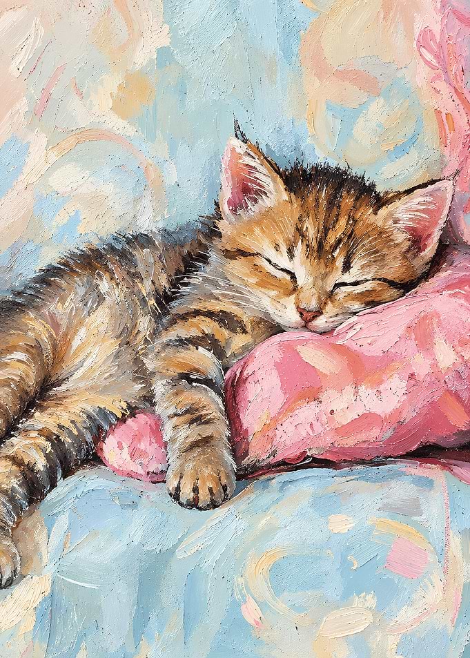 Sleeping Tabby Kitten Oil Painting