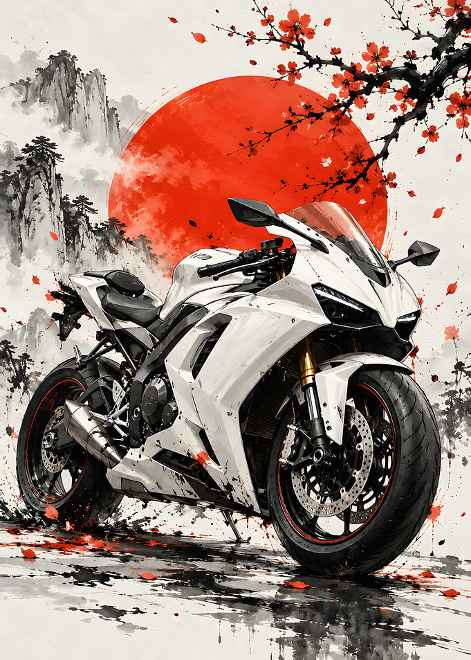 White Sportbike with Japanese Ink Art