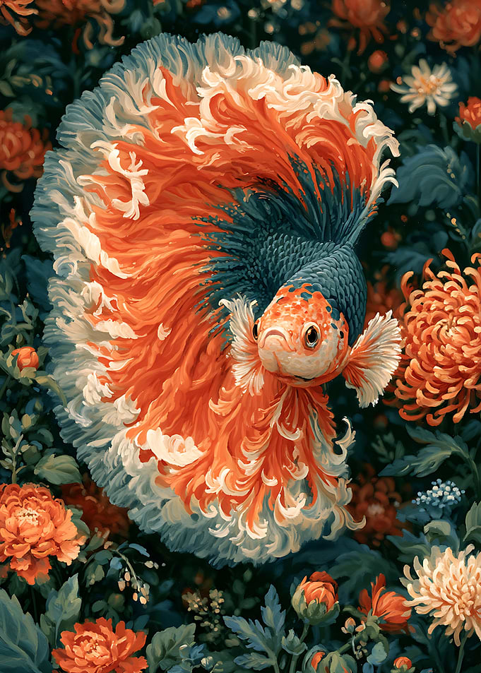Betta Fish Among Orange Chrysanthemums