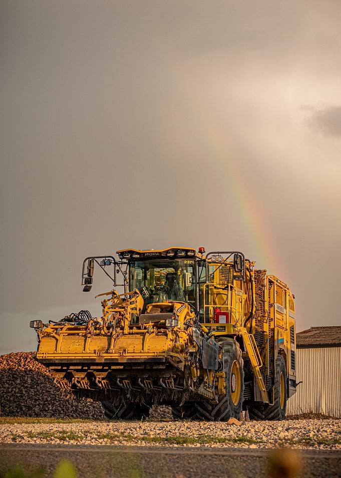 Yellow Harvester Under a Rainbow