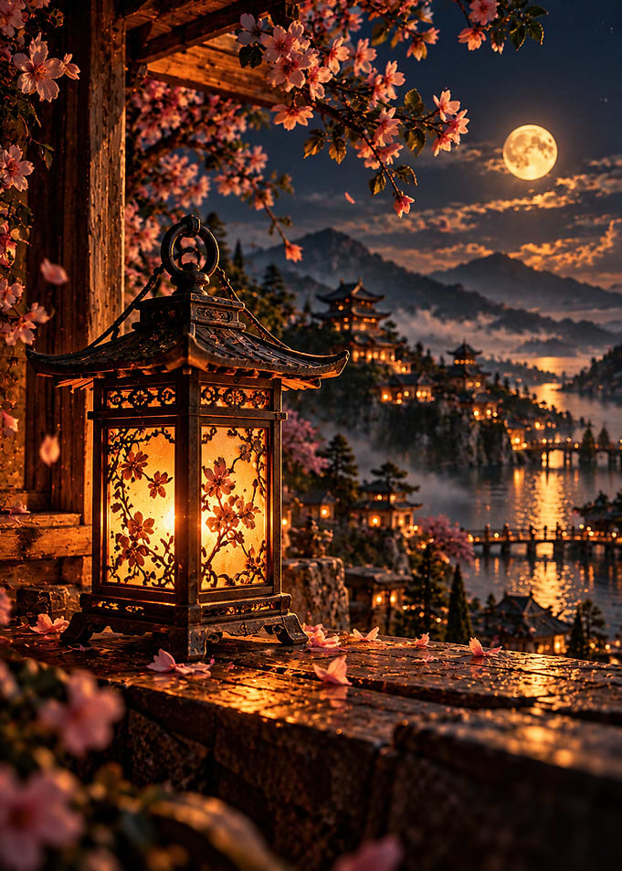 Traditional Japanese Lantern at Night