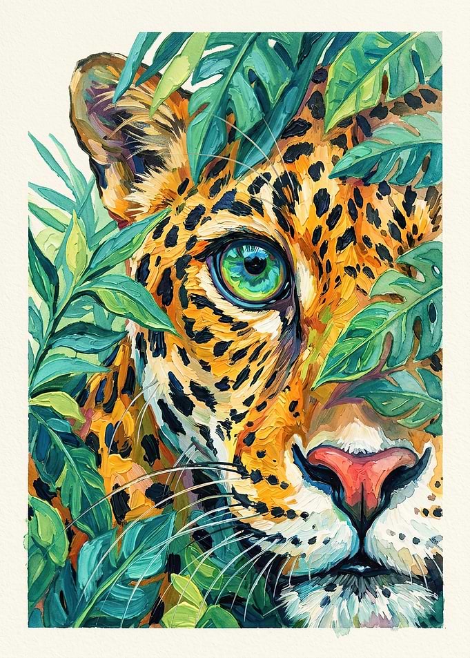 Leopard Peeking Through Tropical Leaves