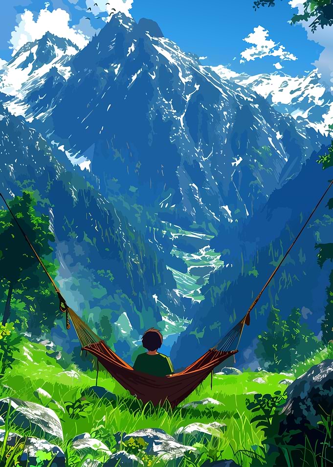 Person relaxing in hammock overlooking mountains