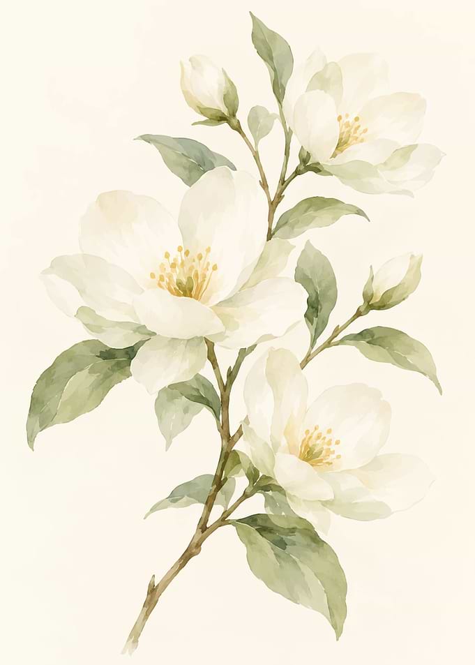 Elegant Watercolor White Magnolia Branch