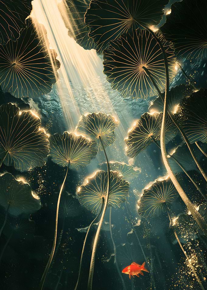 Sunlit Underwater Lily Pads