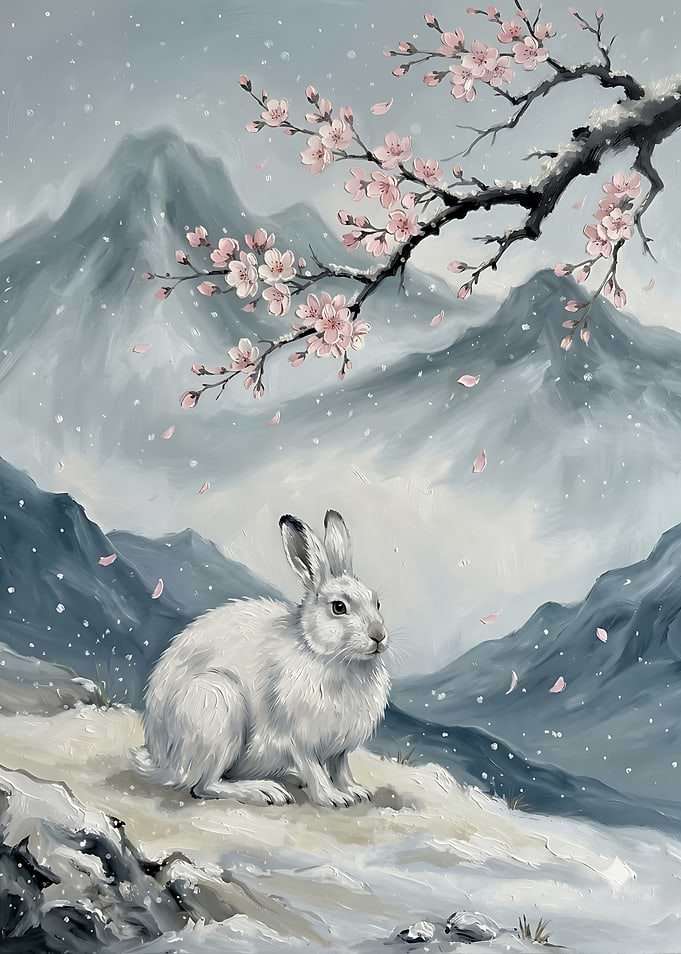 White Rabbit in Snowy Cherry Blossom