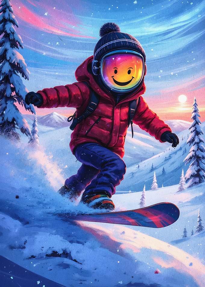Cosmic Snowboarder Neon Art Poster