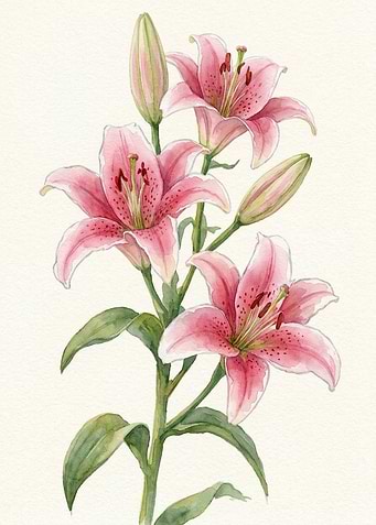 Watercolor Pink Lily Botanical Illustration