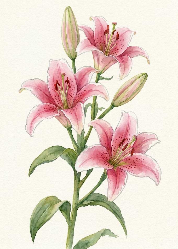 Watercolor Pink Lily Botanical Illustration