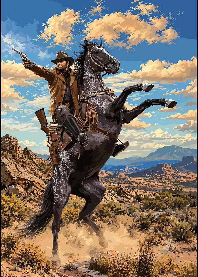 Cowboy Riding Rearing Horse in Desert