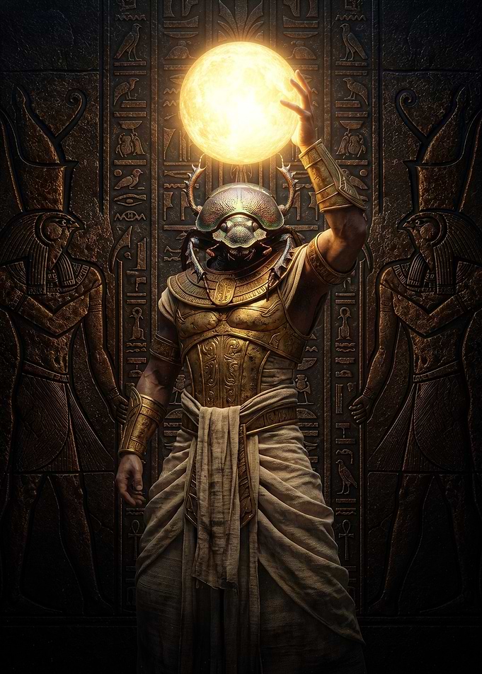 Khepri Egyptian God Holding Sun