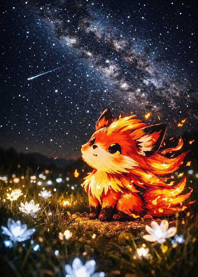 Fire Fox Starry Night Cute Art