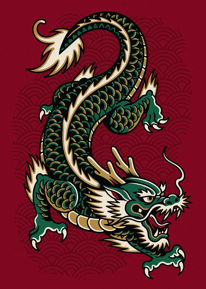 Traditional Japanese Style Green Dragon Illustration