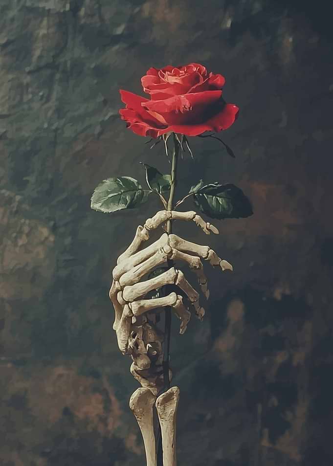 Skeleton Hand Holding a Red Rose