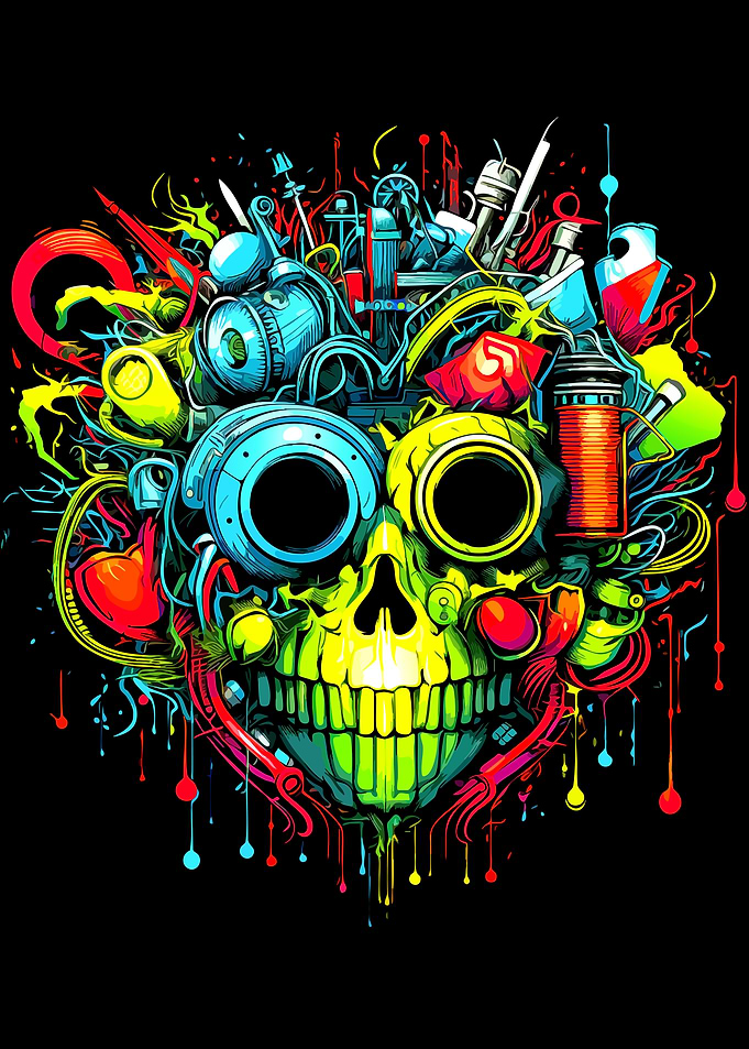 Neon Cyberpunk Mechanical Skull Art