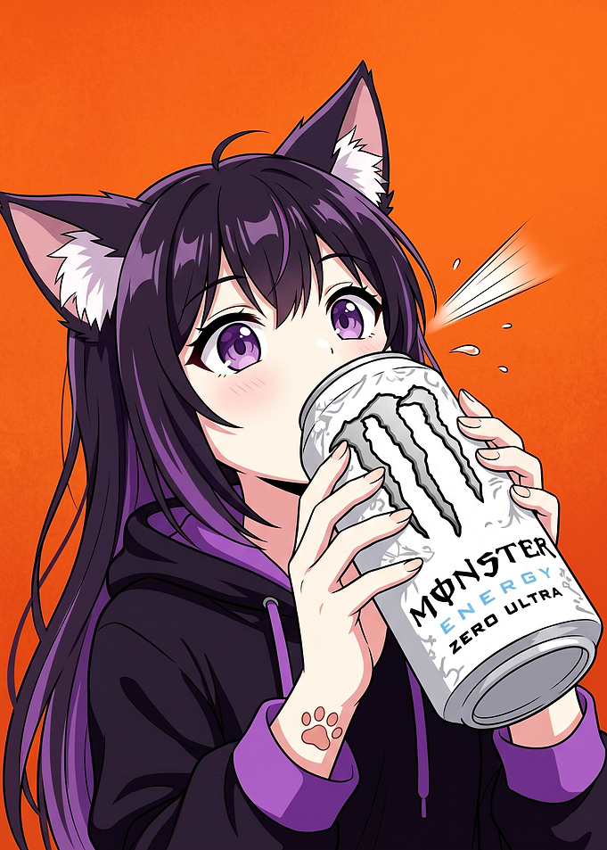 Anime Cat Girl Drinking Monster Energy