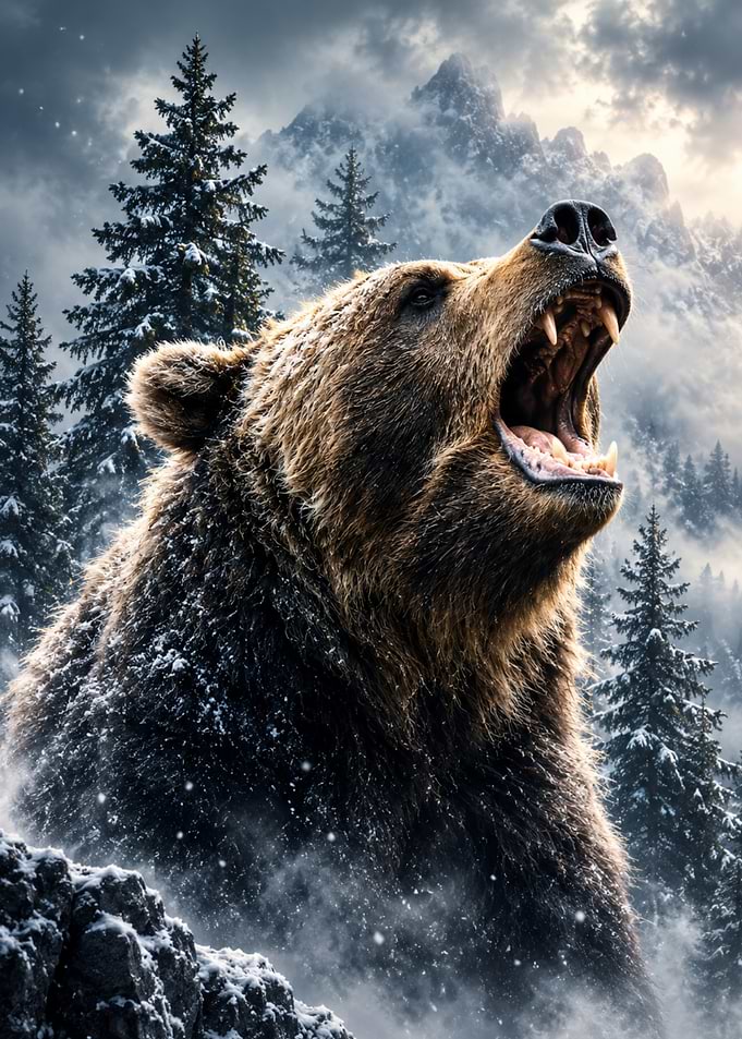 Roaring Bear in Forest