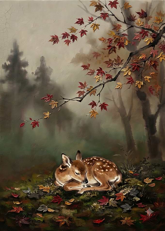 Sleeping Fawn in Autumn Forest