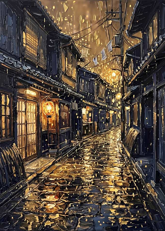 Golden Rain in Traditional Japanese Alley