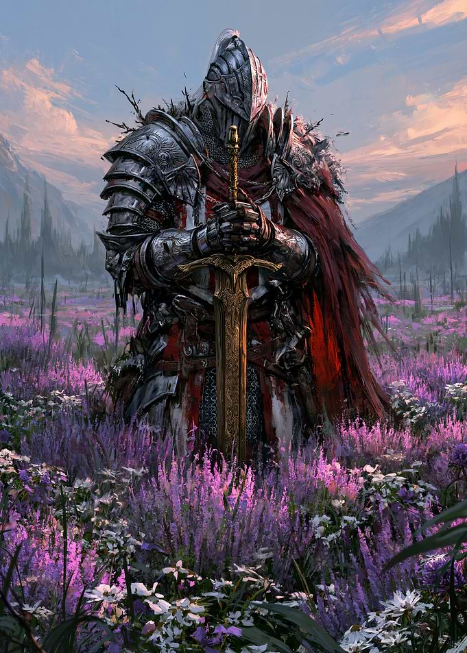 Knight Standing in Purple Flower Field