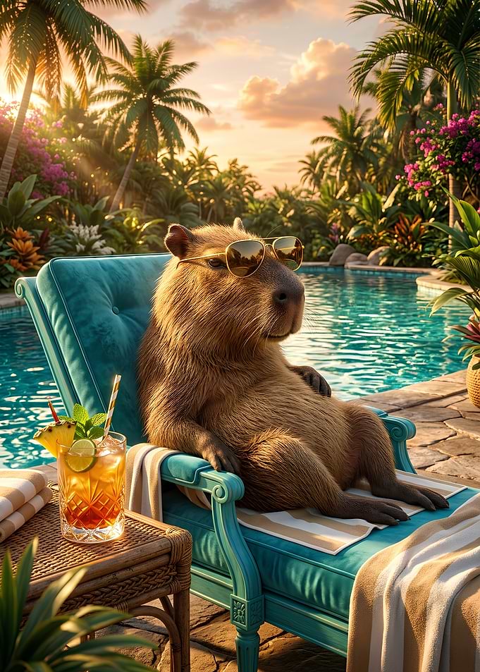 Cool Capybara Relaxing by the Pool