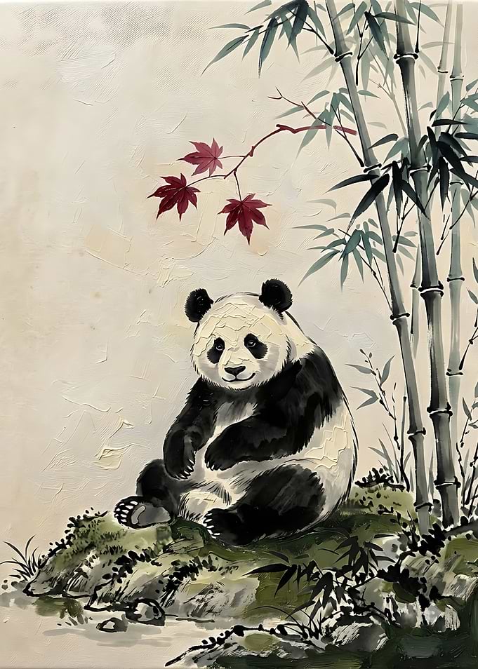 Panda Sitting by Bamboo Painting
